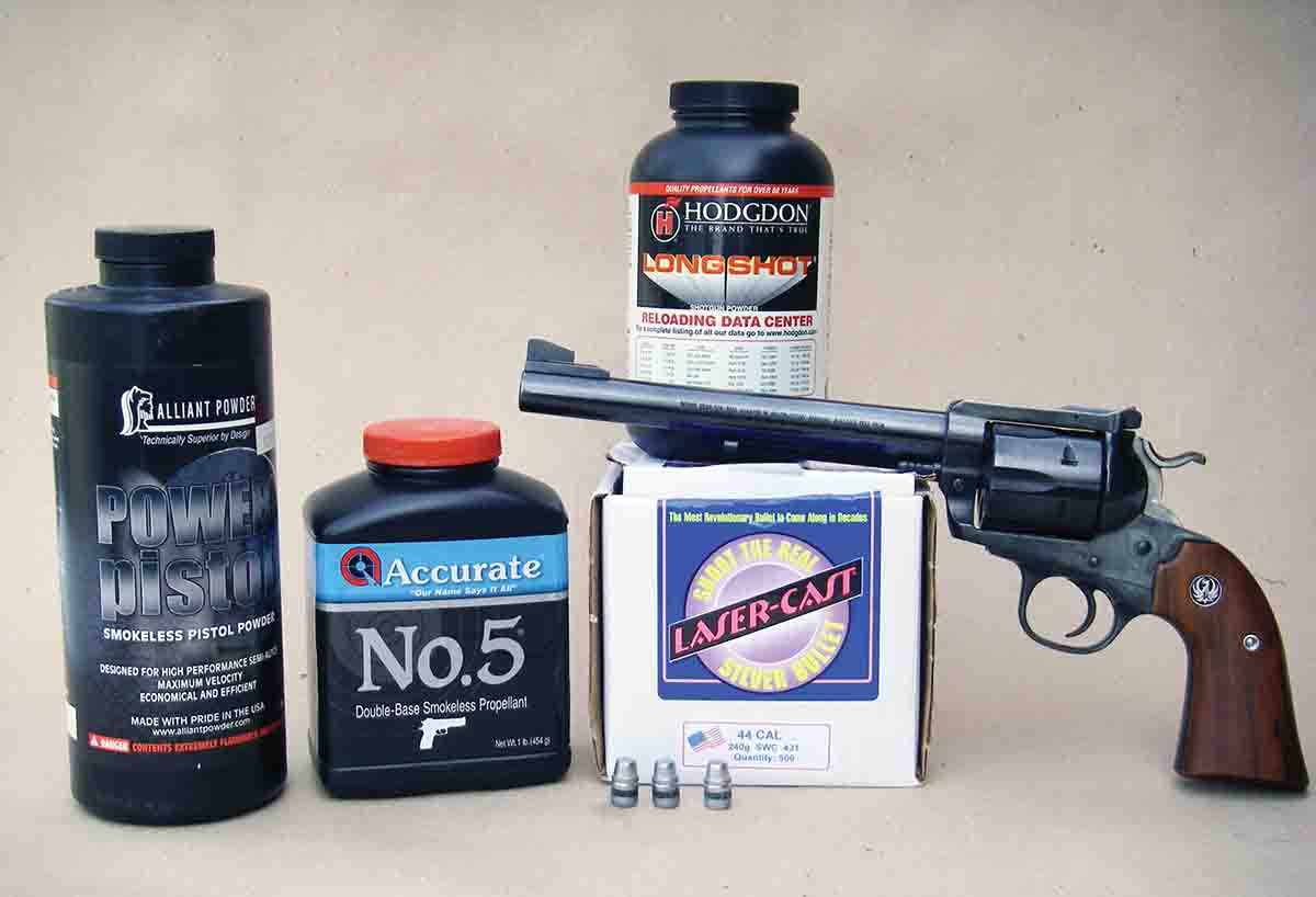 Handgun powders with a medium burn rate offer good midrange velocities in the .44 Magnum.